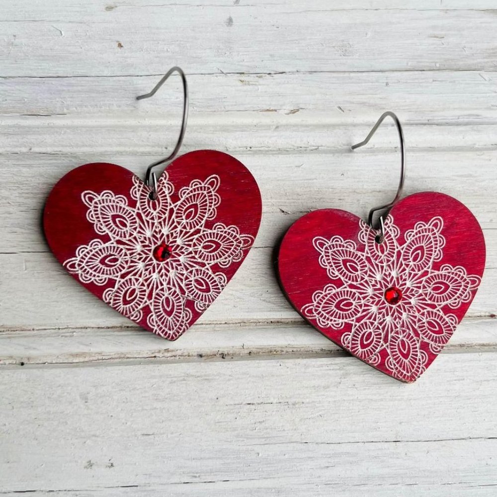 Valentines Wood Heart Dangle Earrings